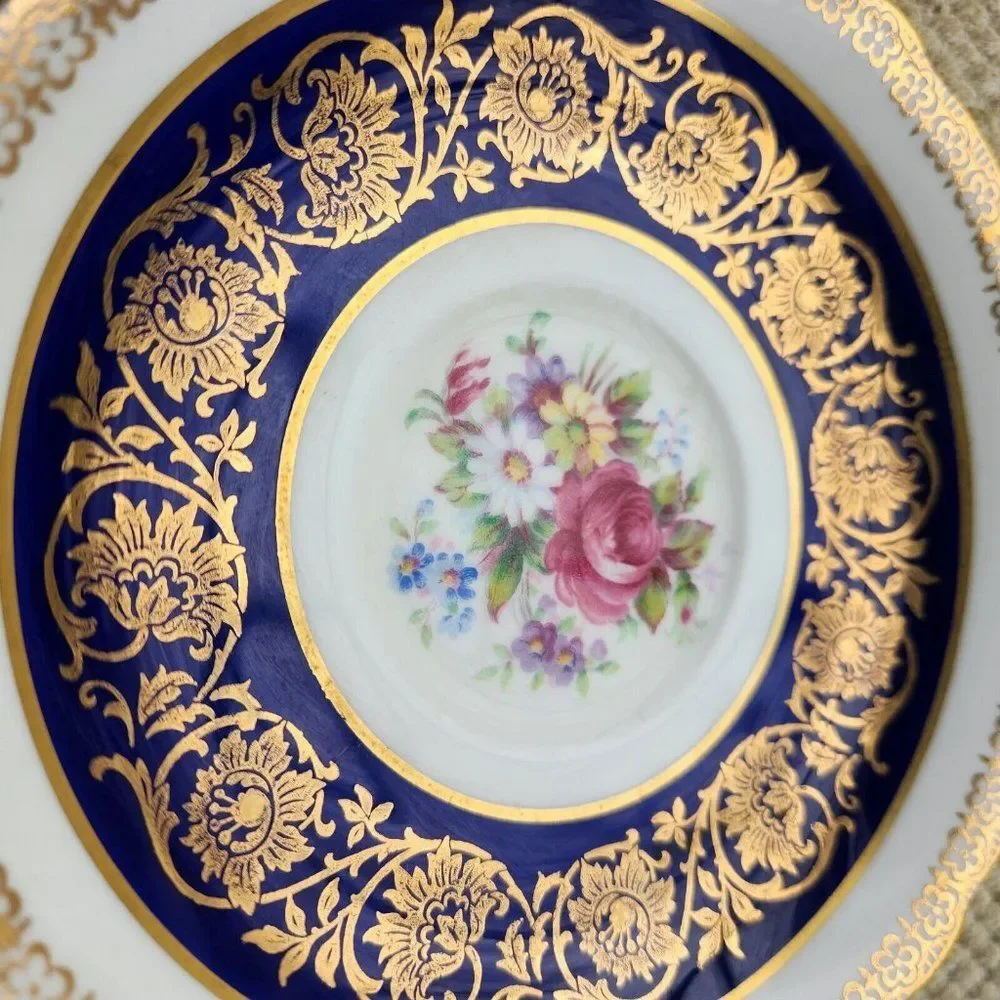 Paragon Teacup and Saucer Cobalt Gold Floral Cabbage Rose Flower Made in England